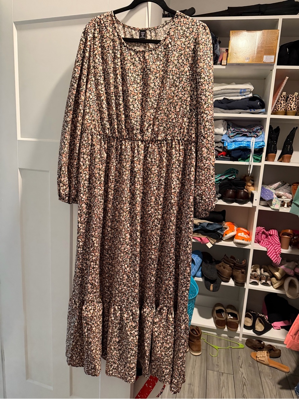 Long Floral Tiered Maxi Dress in Brown and Cream